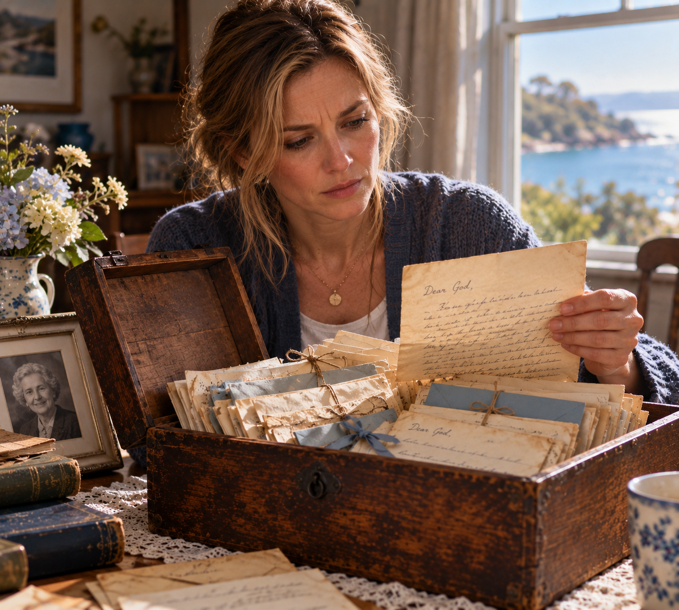 Nell Calloway reading one of Ruth's letters to God beside a seaside window